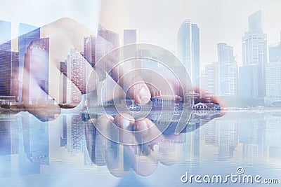 Mobile communication technology, hands using smartphone, double exposure Stock Photo