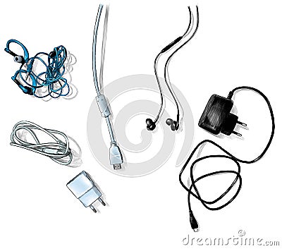 Mobile and computer accessories, wires and chargers lie on the table top view Vector Illustration