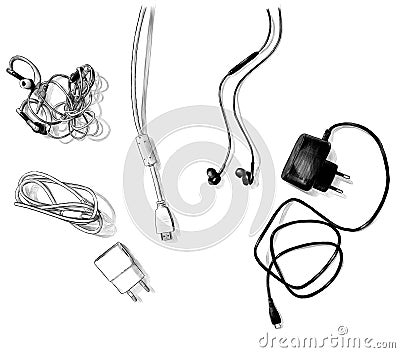 Mobile and computer accessories, wires and chargers lie on the table top view Vector Illustration