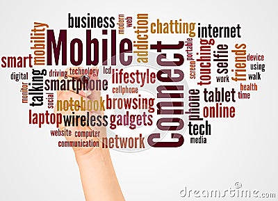 Mobile Connect word cloud and hand with marker concept Stock Photo