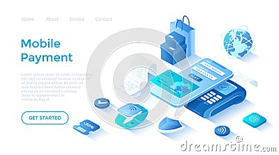 Mobile contactless payment. PayPass, NFC payments. Scanning QR code. POS terminal, phone and smart watch Vector Illustration