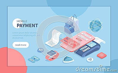Mobile contactless payment. PayPass, NFC payments. Scanning QR code. POS terminal, phone and smart watch. Isometric vector illustr Vector Illustration