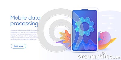 Mobile data processing technology in isometric vector illustration. Information storage and analysis system. Digital technology w Vector Illustration