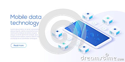 Mobile data processing technology in isometric vector illustration. Information storage and analysis system. Digital technology w Vector Illustration