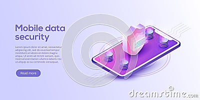 Mobile data security isometric vector illustration. Online payment protection system concept with smartphone and credit card. Sec Vector Illustration