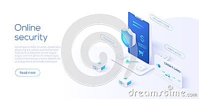 Mobile data security isometric vector illustration. Online payment protection system concept with smartphone and credit card. Sec Vector Illustration