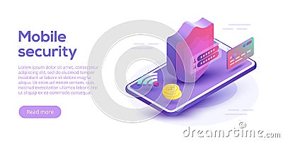 Mobile data security isometric vector illustration. Online payment protection system concept with smartphone and credit card. Sec Vector Illustration