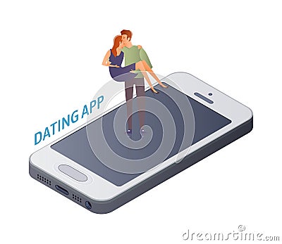 Mobile Dating app concept. Young couple, man and woman on a date on the smartphone screen. A man carries a woman on his Vector Illustration