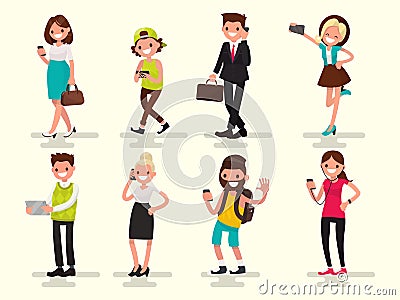 Mobile dependence. People with their gadgets. Vector illustration Cartoon Illustration