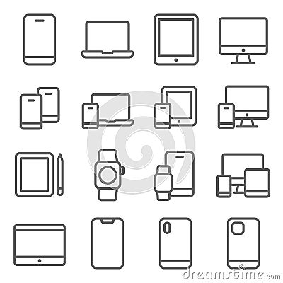 Mobile Device icons set vector illustration. Contains such icon as Tablet, Smartphone, Desktop,Smart watch, and more. Expanded Str Vector Illustration