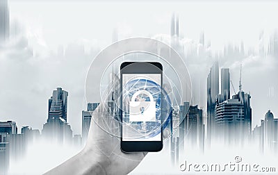 Mobile device security and internet connection . Hand using mobile smart phone and lock icon. Element of this image are furnished Stock Photo