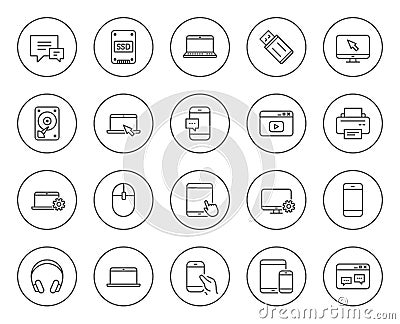 Mobile Devices line icons. Laptop, SSD and HDD. Vector Illustration