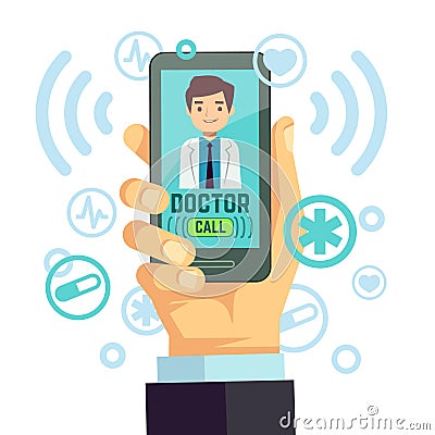 Mobile doctor, personalized medicine consultant on smartphone screen vector healthcare concept Vector Illustration