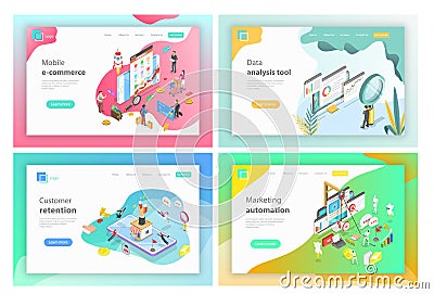 Mobile e-commerce, data analysis tools, customer retention, marketing automation Vector Illustration