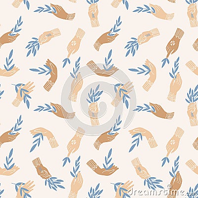 Eco friendly seamless pattern. Human hands holding branches with leaves. Vector repeat design Vector Illustration