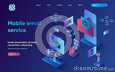 Mobile email service concept 3d isometric web landing page. Vector Illustration