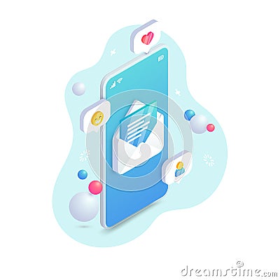 Mobile email service isometric concept. New message open on smartphone screen. 3d social network, sms chat, e-mail spam Vector Illustration