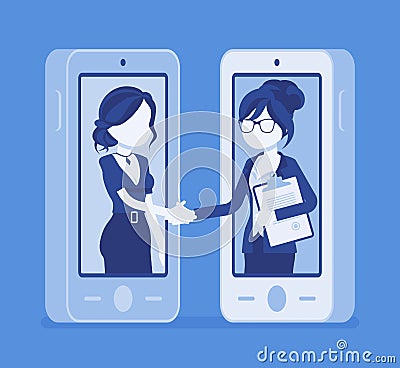 Mobile female deal, commercial business agreement Vector Illustration