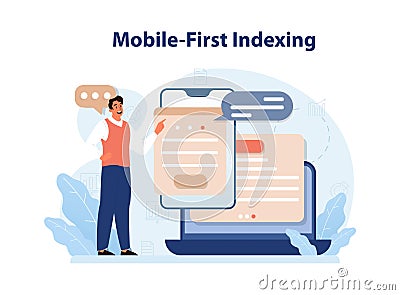 Mobile-first indexing. Website smartphone version development. Search Vector Illustration