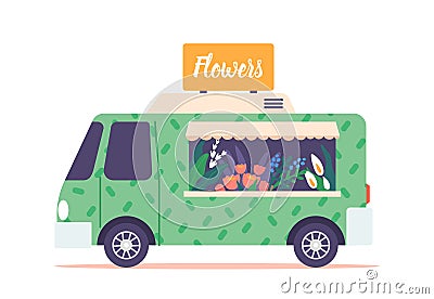 Mobile Flower Shop Bus Complete With Colorful Floral Display And Decorative Accents. Unique And Creative Approach Vector Illustration