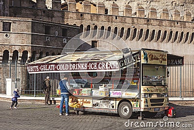 Mobile food truck selling snacks in Italian capital Rome Editorial Stock Photo