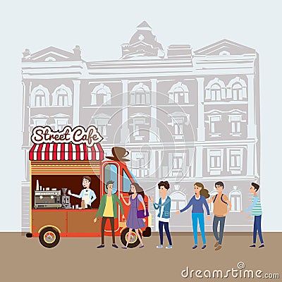 Mobile food Van, Coffe Food Truck vector, barista salesman, characters, men and women stand in line for coffee, and Vector Illustration