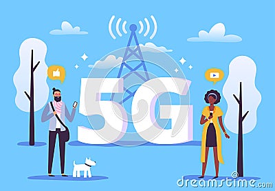 Mobile 5g connection. People with smartphones use high speed internet Cartoon Illustration