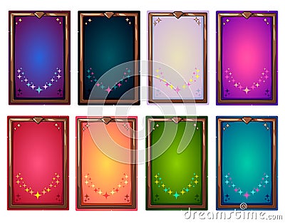 Mobile game interface card. Cartoon vector backgrounds. Isolated on white background. Colorful cards with bronze frame set Vector Illustration