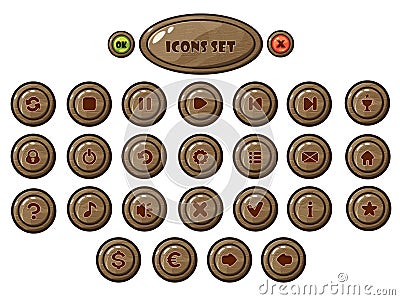 Mobile game round wooden buttons set. Isolated Vector Illustration