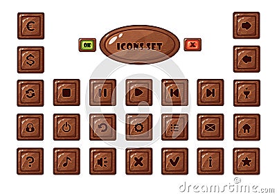 Mobile game square wooden buttons set. Isolated Vector Illustration