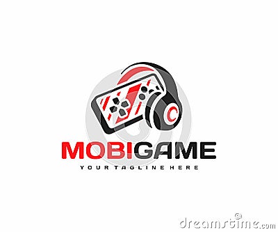 Mobile gaming logo design. Smartphone with headphones vector design Vector Illustration