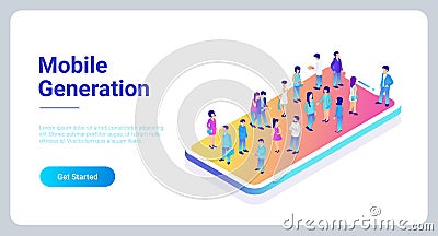 Mobile generation micro people isometric concept Vector Illustration