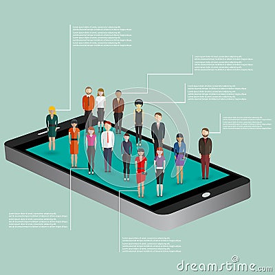 Mobile generation template with crowd of casual micro people on smart phone touch screen flat 3d web isometric infographic concept Vector Illustration