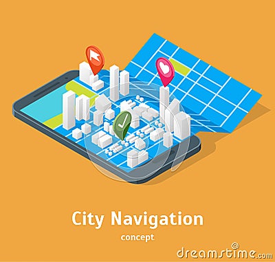 Mobile GPS City Navigation Maps Concept 3d Isometric View. Vector Vector Illustration