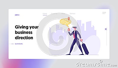Mobile Gps Navigation Cellphone Application Website Landing Page. Businessman with Baggage Finding Right Place on Device Vector Illustration