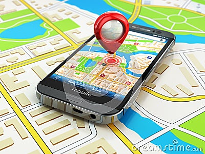 Mobile GPS navigation concept. Smartphone on map of the city, Stock Photo