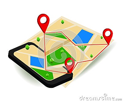 Mobile GPS navigation map and pin marker with modern digital device. Vector Illustration