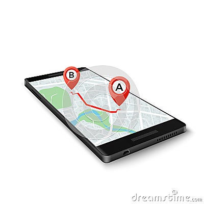 Mobile GPS system concept. Mobile GPS app interface. Map on phone screen with route markers. Vector illustration Vector Illustration