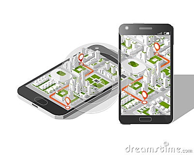 Mobile gps and tracking concept. Location track app on touchscreen smartphone, on isometric city map Vector Illustration