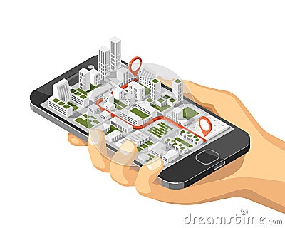 Mobile gps and tracking concept. Location track app on touchscreen smartphone, on isometric city map background Vector Illustration