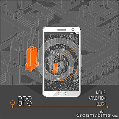 Mobile gps and tracking concept. Location track app on touchscreen smartphone, on isometric city map Vector Illustration