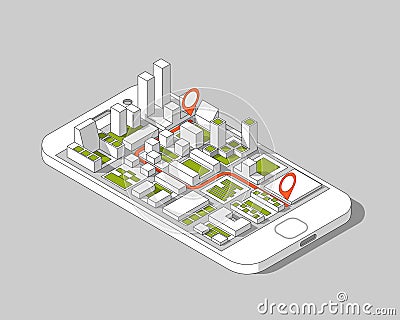 Mobile gps and tracking concept. Location track app on touchscreen smartphone, on isometric city map background. Vector Illustration