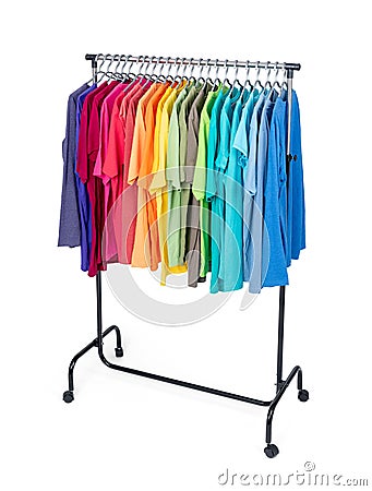 Mobile hanger with colorful clothes, isolated on white background. File contains a path to isolation Stock Photo