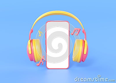 Mobile headphones with phone and song notes 3d render illustration - wireless earphone, smartphone with white display Cartoon Illustration