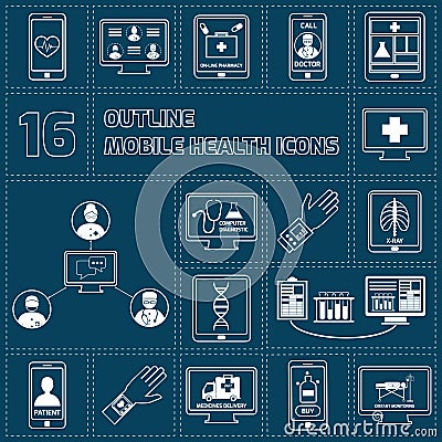 Mobile health icons set outline Vector Illustration