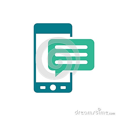 Mobile icon with text message - speech bubble - sms and communication icon - flat vector illustration isolated on white Vector Illustration