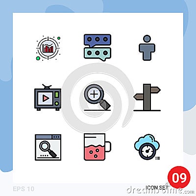 Mobile Interface Filledline Flat Color Set of 9 Pictograms of arrows, search, people, plus, video Vector Illustration