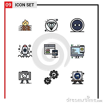 Mobile Interface Filledline Flat Color Set of 9 Pictograms of database, development, eye glasses, coding, lenses Vector Illustration