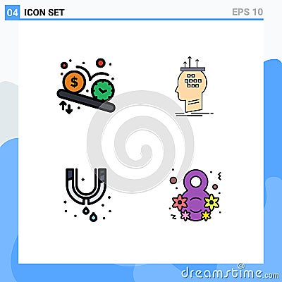 Mobile Interface Filledline Flat Color Set of 4 Pictograms of deadline, thinking, time, brain, mechanical Vector Illustration