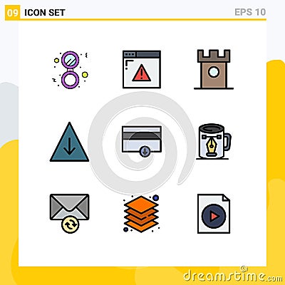 Mobile Interface Filledline Flat Color Set of 9 Pictograms of money, pyramid, ancient, fall, historic Vector Illustration